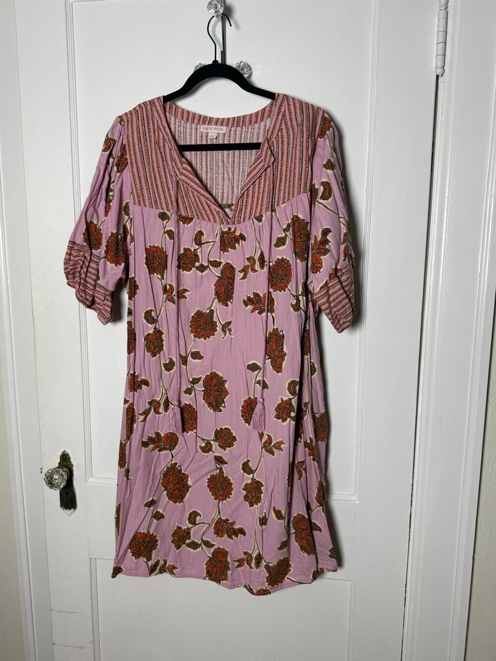 Knox Rose Pink Floral Block Print Boho Puff Sleeve Cotton Dress Women's XXL